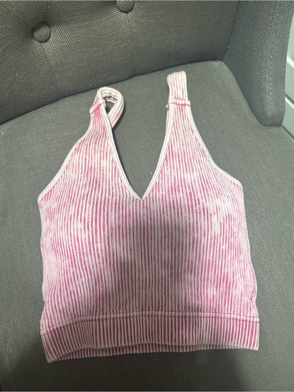 Washed Ribbed Cropped Bra Padded V-neck Tank Top S/M - Picture 2 of 4